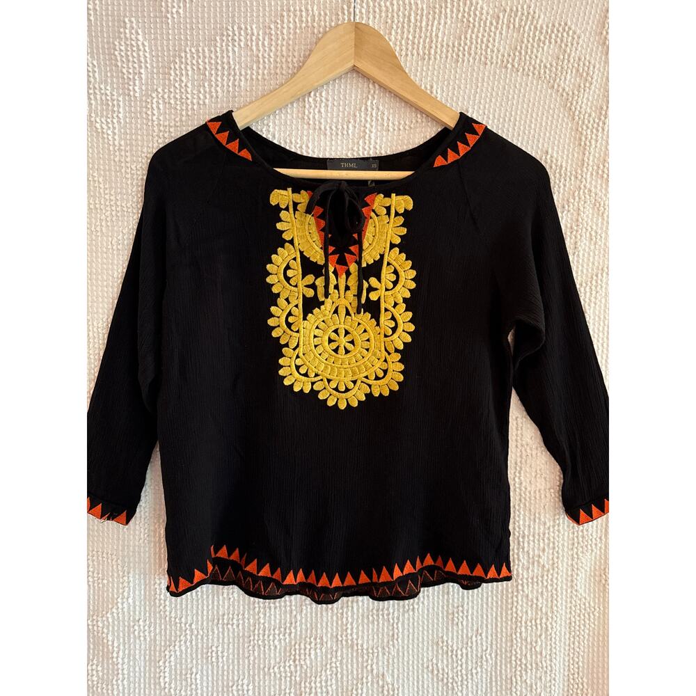 ANTHROPOLOGIE THML Top Black Embroidery Peasant Size XS